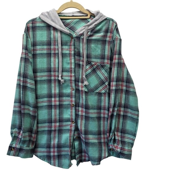 Tops - Unbranded Teal Plaid Hooded Flannel Shirt Womens XL Button Up Long Sleeve Hoody